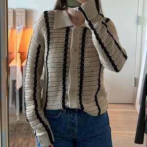 Cream and black striped knit button down sweater